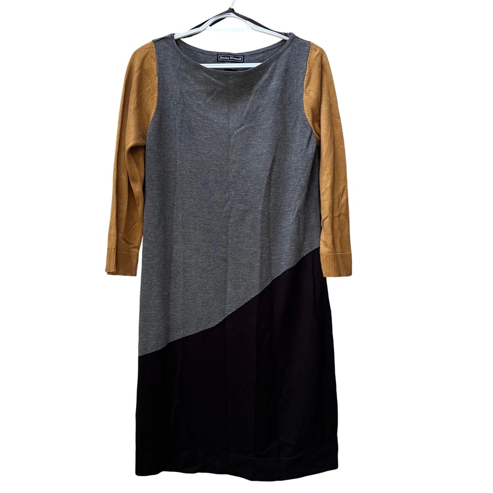 Jessica Howard Womens L Colorblock Sweater Dress Grey Black Mustard Yellow Mod